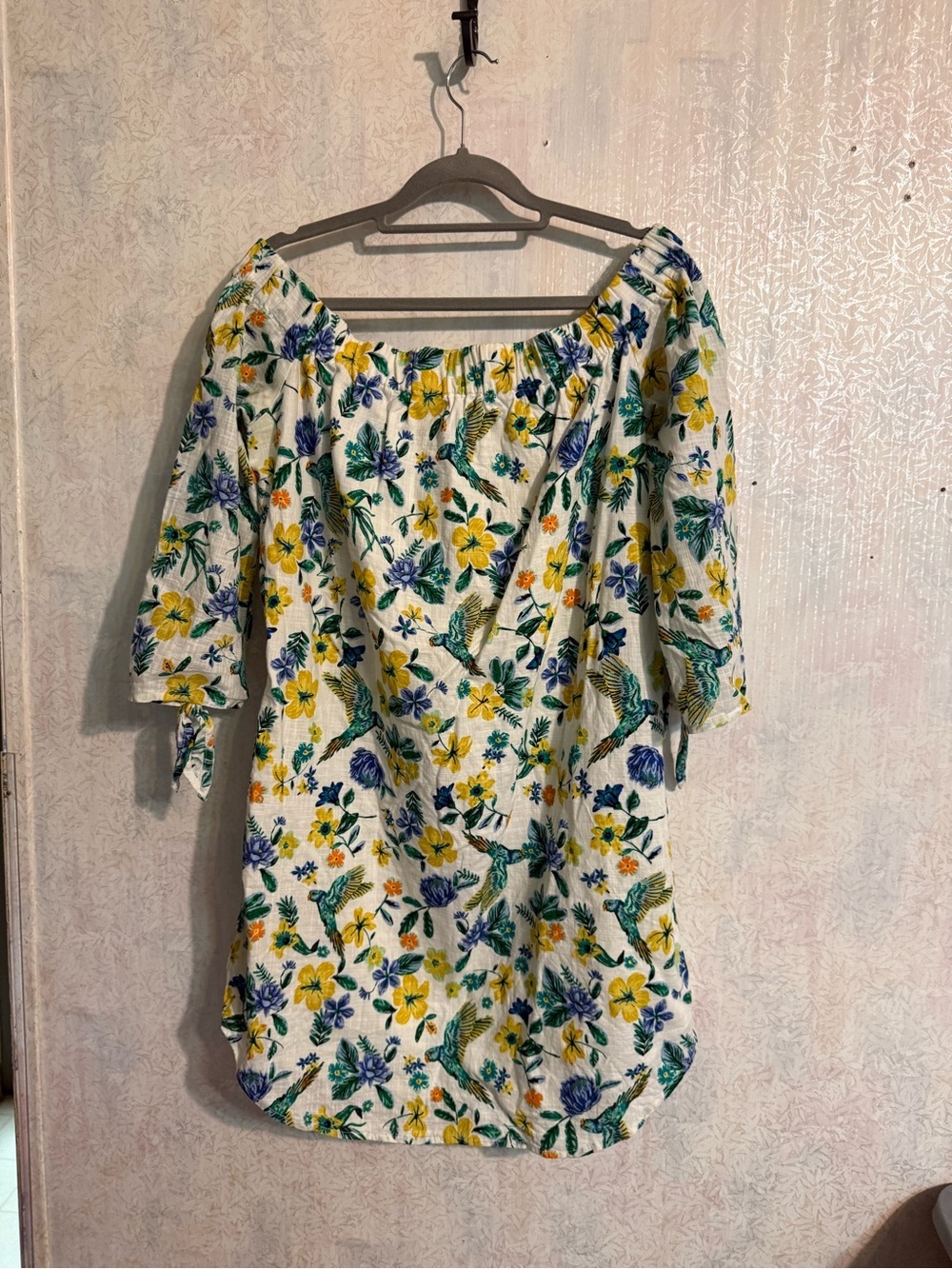 Old Navy‎ White Floral Off-Shoulder Mini Dress with Yellow & Blue Tropical Print